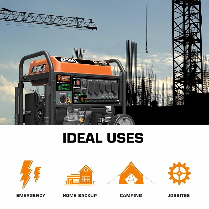 GENMAX Dual Fuel Portable Generator，GM12000ED Gas or Propane Powered Electric Start-Home Back Up, EPA Compliant