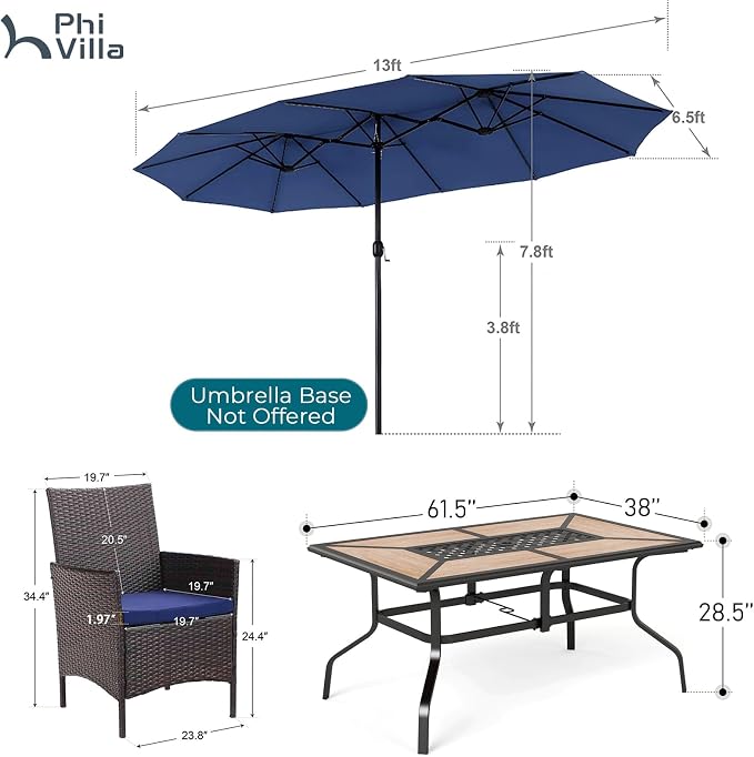PHI VILLA 7pc Patio Dining Set w/Umbrella, Wood-top Table, Rattan Chairs | Outdoor Dining Set for 6, Metal Dining Table & 6 Cushioned Rattan Chairs with Blue Umbrella for Outdoor, Deck, Yard, Porch