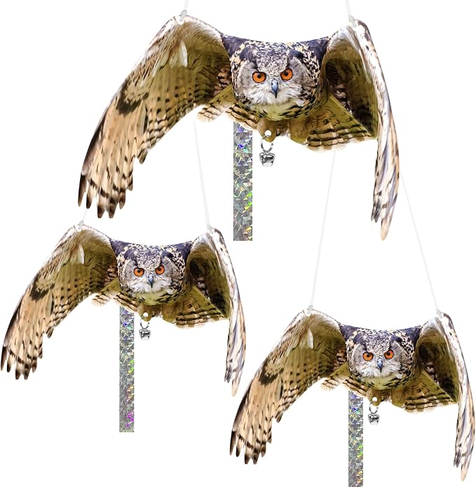 Owls to Keep Birds Away: 3Pack Fake Owls with Reflective Tape for Garden Patio, Reflective Hanging Decoration to Keep Birds Pigeon from Windows Tree