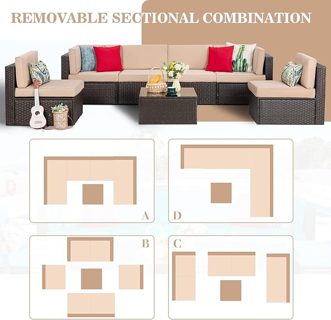 Vongrasig 8 Pieces Patio Furniture Set with 43" Fire Pit, Outdoor Couch Sectional Set, Small Conversation Set, 50,000 BTU Gas Fire Pit Propane Fire Table with Lid, Beige