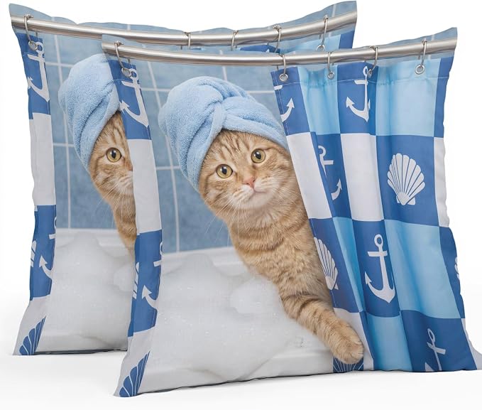 Bathing Cat Waterproof Outdoor Pillow Covers Set of 2 Home Decor, Funny Animal Showering Lumbar Pillowcase Patio Pillow Covers for Couch Bench Patio Furniture Garden 20x20in