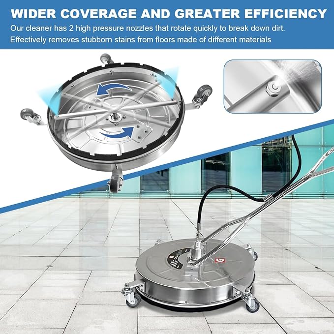 20" Pressure Washer Surface Cleaner with 4 Wheels, Stainless Steel Dual Handle Surface Cleaner for Pressure Washer 4600 PSI Attachment for Concrete, Deck, Driveways, Patios, Sidewalks