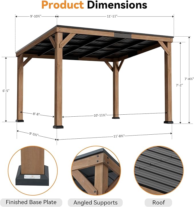 Modern Shade Supreme Cedar Wood Gazebo 10' x 12' with Hardtop Slope Roof, Wooden Carport with Durable and Rot-Resistant, Hardtop Gazebo with Supports Snow Loads and High Wind Speeds for Backyard