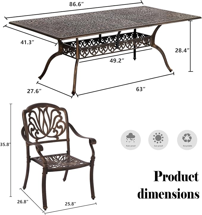 TITIMO 9-Piece Cast Aluminum Patio Furniture Set, Outdoor Patio Dining Set Bistro Conversation Set, All-Weather Rectangular Dining Table Set w/Umbrella Hole (Bronze-Fixed Elizabeth Chair, 9 Pcs)