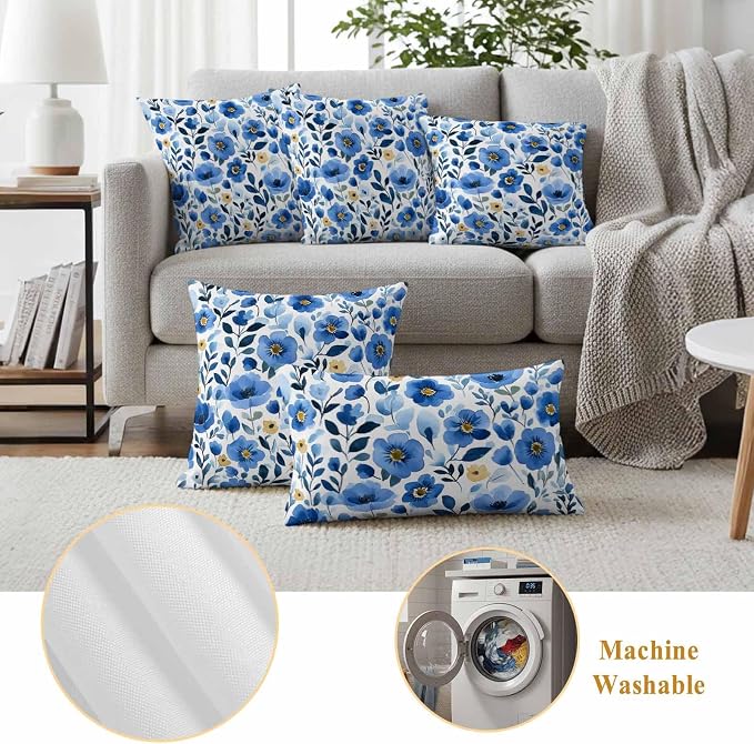 Blue Flowers Outdoor Waterproof Throw Pillow Covers Set of 2, 16"x16", Summer Watercolor Retro Floral Decorative Pillow Covers Outside Cushion Case for Patio Porch Garden