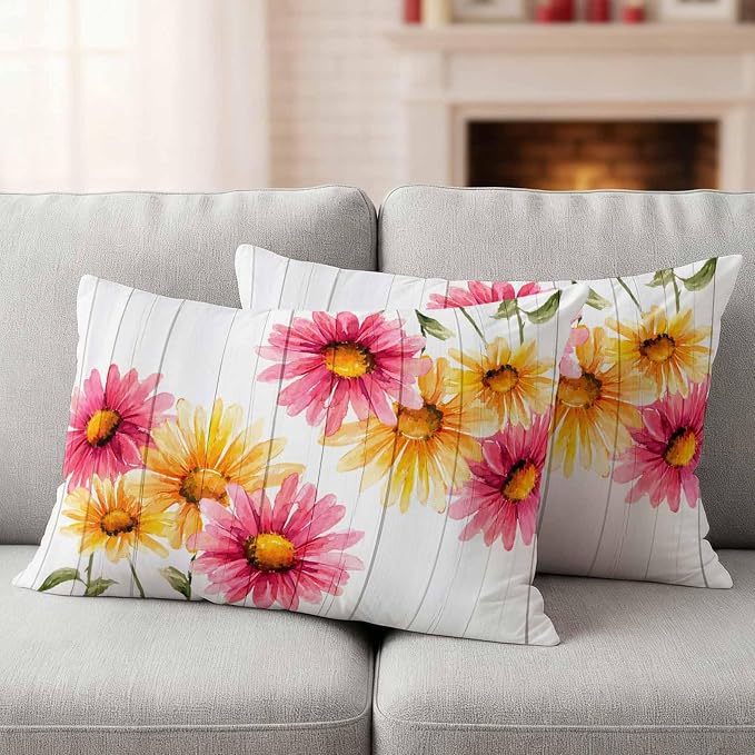 Yellow Pink Daisy Outdoor Pillow Covers 20"x12" Set of 2, Rustic Farmhouse Wooden Slats Waterproof Throw Pillow Covers for Patio Furniture, Decorative Cushion Covers for Porch