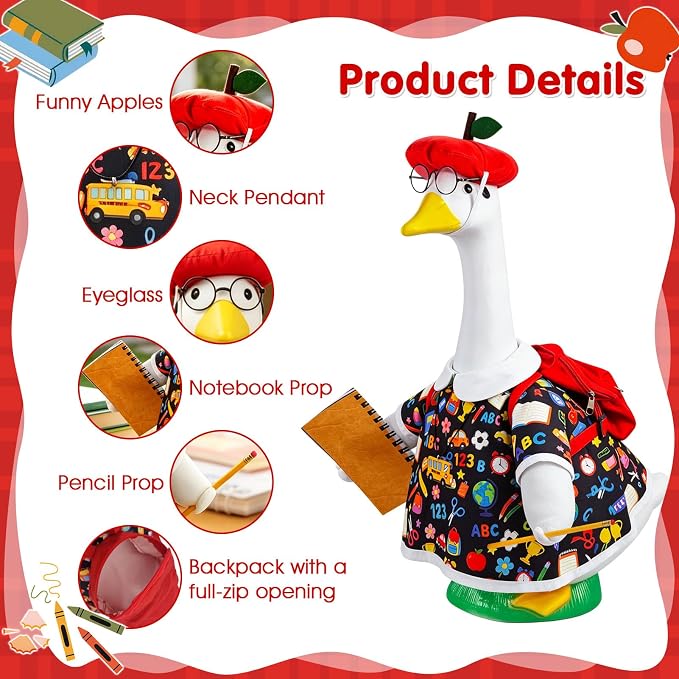 Back to School Porch Goose Outfits for 17''/23'' Goose Statues, First Day of School Goose Clothes with Apple Hat, Glasses, Pencil, Notebook, Backpack for School & Classroom Decor