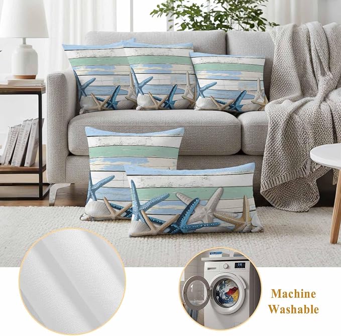 Outdoor Waterproof Pillow Covers Coastal Blue White Starfish Shell Pack of 2 Lumbar Pillow Cover Wood Grain Decorative Cushion Pillowcases for Patio Couch Bench Garden 18 x 18 Inches