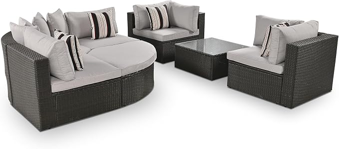 7-Piece Outdoor Wicker Sofa Set, Rattan Sofa Lounger with Striped Pillows, Gray Cushion, Conversation Sofa Set with Coffee Table, for Patio, Garden, Deck (Brown Wicker+Gray Cushion-@A)
