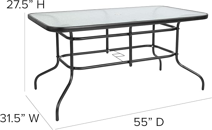 Flash Furniture Lila 7-Piece Glass Patio Table and Chairs Set, Outdoor Patio Dining Set with Rectangular Table and 6 Slat Back Patio Chairs, Black