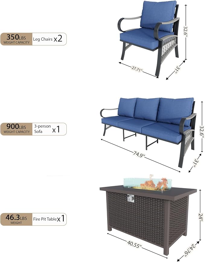 4 Pieces Patio Furniture Set, Metal Outdoor Conversation Sets with Fire Pit Table for Backyard Garden Deck Porch Poolside (Thick Blue Cushions)