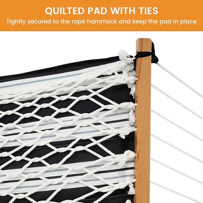 Lazy Daze Hammocks 2 Person Hammock Pad and Pillow Set, Double Polyester Quilted 78" x55" Replacement Pad for Rope Hammock, Black Stripes