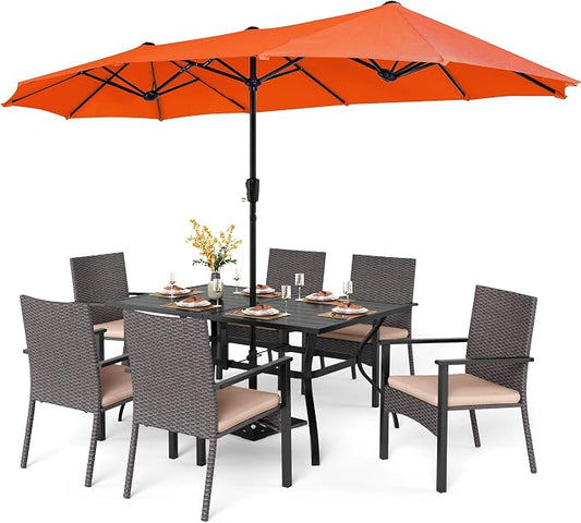 PHI VILLA 7pc Patio Dining Set with Red Umbrella, 6 Rattan Chairs | 60" Metal dining table, 6 cushioned rattan wicker chairs, 13ft red umbrella. Perfect for patio, deck, yard, or porch.