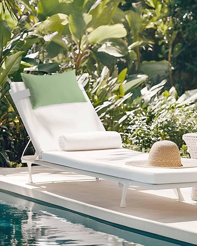 Chaise Lounge Chair Pillow with Strap & Insert Sage Green Outdoor Recliner Head Pillow Pack of 2 Solid Green Color Waterproof Headrest Patio Lumbar Pillow for Beach Pool Office Chair 12x20 Inch