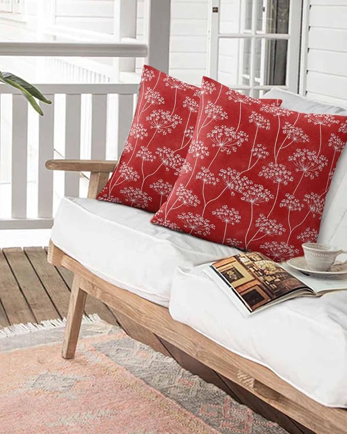 Outdoor Waterproof Throw Pillows 18x18in, Pastoral Wildflowers Dandelion Patio Pillows Pack of 2,Decorative Pillow Covers with Insert,Pillow Cushion Case for Garden Couch Sofa Vibrant Red Background