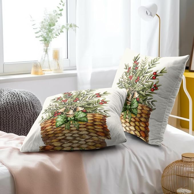 Winter Holiday Throw Pillow Covers Set of 2, 20x20 Inch Pine Branches Leaves Red Berry Basket Decorative Cotton Square Pillowcases for Sofa Bed Couch Patio Porch Home Decor