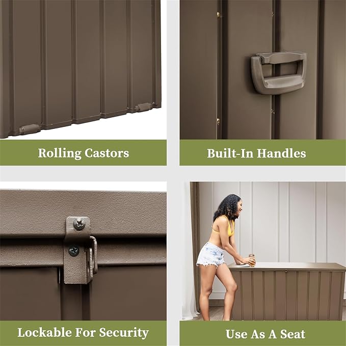 Ditkoko 160 Ourdoor Gallon Deck Box, Waterproof Storage Container with Lockable Lid, Package Delivery Box for Patio Furniture, Patio Cushions, Gardening Tools, Pool and Sports Supplies - Brown