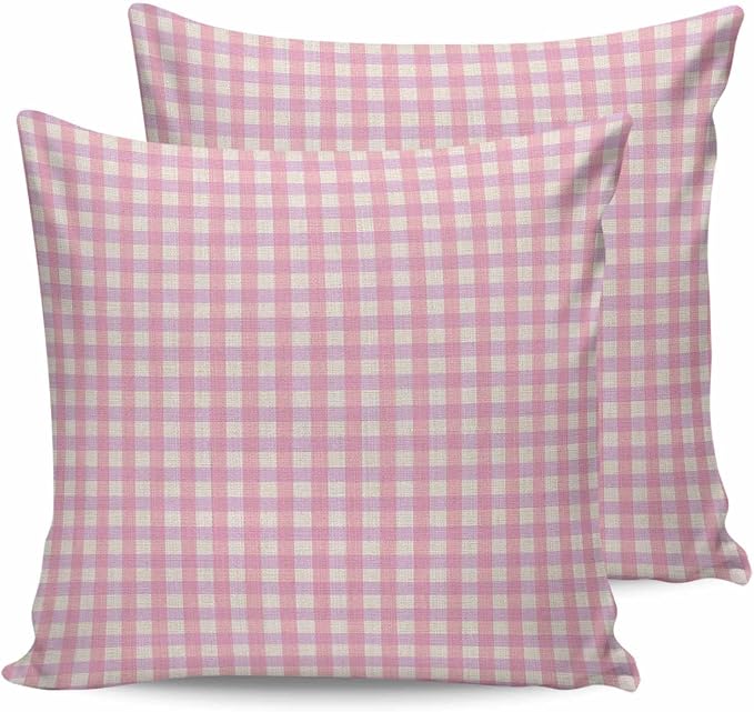 Outdoor Waterproof Throw Pillow Covers Set of 2 Pink Buffalo Plaid Pillowcases 16x16 Inches Linen Classic Checked Patio Decorative Pillows Cushion Case Patio Pillows for Couch Bed Chair Garden