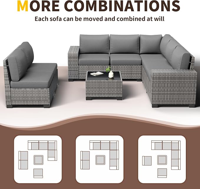 Outdoor Patio Furniture Set, 8‘’ Wide armrest Outdoor Sectional Rattan Sofa Set, Wicker Patio Furniture Sets w/Coffee Table,Thick Cushions and Cover for Porch, Balcony,Deck,8 PCS(Grey&Grey)