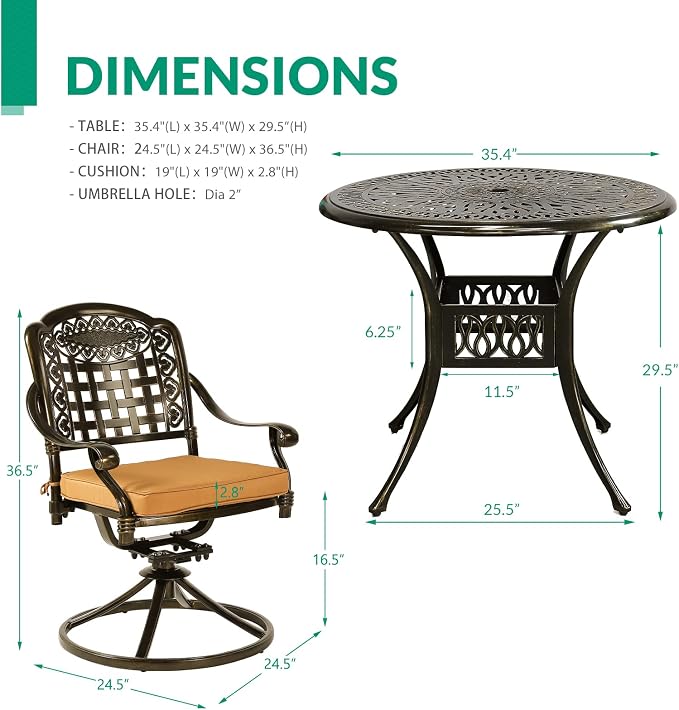 VIVIJASON 5-Piece Outdoor Patio Dining Set, All-Weather Cast Aluminum Conversation Set, Patio Furniture Set for Balcony Lawn Garden, Include 4 Swivel Cushioned Chairs, 1 Round Table w/Umbrella Hole