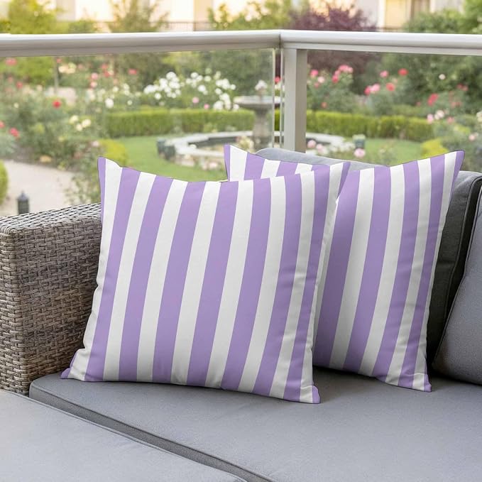 Purple Striped Outdoor Waterproof Throw Pillow Covers 20x20 Set of 2, Modern Farmhouse Purple White Stripes Decorative Pillowcases Cushion Pillowcase for Couch Sofa Patio Outside Pillow Protector