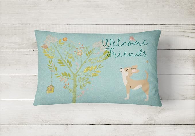 Caroline's Treasures BB7628PW1216 Welcome Friends Brown White Chihuahua Canvas Fabric Decorative Pillow Machine Washable, Indoor Outdoor Decorative Pillow for Couch, Bed or Patio, 12HX16W