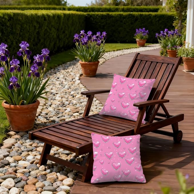 22x22 Inch Outdoor Pillow Covers Set of 2 Waterproof Throw Pillow Covers Decorative Couch Cushion Covers Pink Hearts with_ Diamonds Square Pillowcases Protectors for Patio Garden Sofa