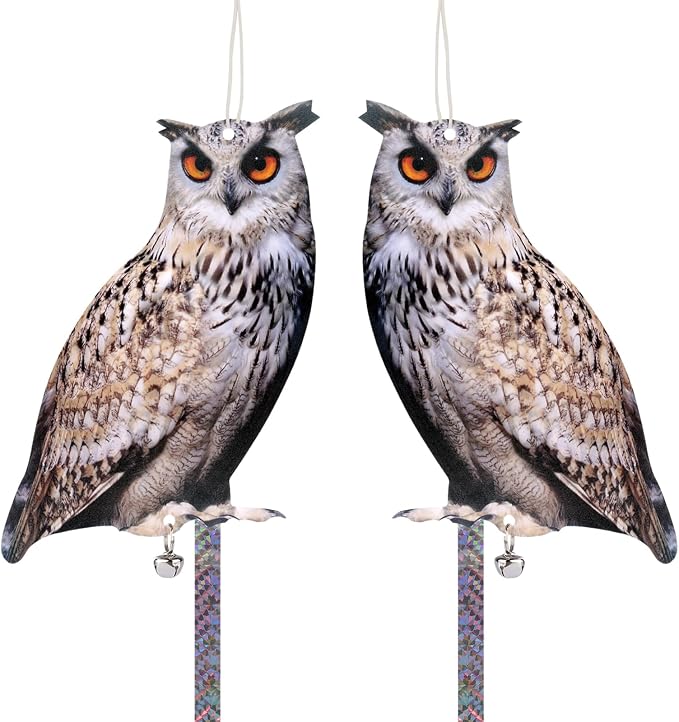 Hanging Flat Fake Owl to Keep Pigeon Away from Balcony 2PCS Garden Owls with Reflective Tape Plastic Owl to Scare Woodpecker Squirrel for Tree Outdoor House Patio Porch Front Porch Decor