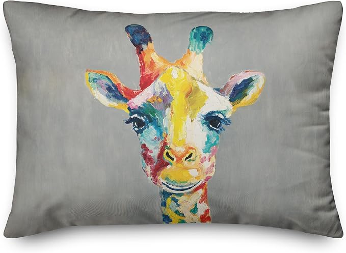 Colorful Giraffe on Gray Indoor/Outdoor Pillow | Decorative Pillows for Living Room Couch Bed Sofa Patio, Fluffy Soft Cushion | Water Resistant Multi, 14x20