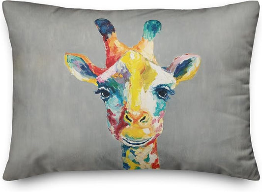 Colorful Giraffe on Gray Indoor/Outdoor Pillow | Decorative Pillows for Living Room Couch Bed Sofa Patio, Fluffy Soft Cushion | Water Resistant Multi, 14x20