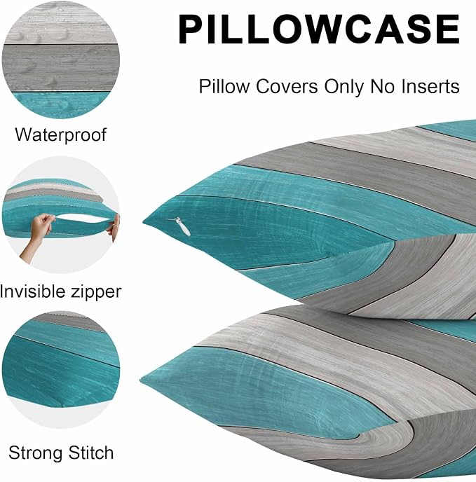 Outdoor Throw Pillow Covers 16X16 Set of 2 Waterproof Ombre Aqua Blue Gray Decorative Zippered Cushion Covers for Patio Furniture, Farmhouse Retro Rustic Barn Wood Texture Lumbar Pillowcases