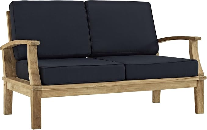 Modway Marina Premium Grade A Teak Wood 5-Piece Outdoor Patio Furniture Set in Natural Navy