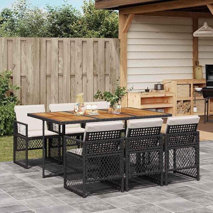 7 Piece Garden Dining Set, Outdoor Patio Furniture with Rectangular Acacia Wood Top Table and 6 Foldable PE Rattan Chairs, Black Wicker Dining Set for Backyard