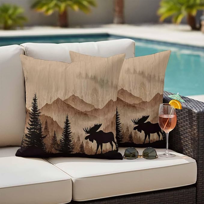 Moose Silhouette Outdoor Pillow Covers 24"x24" Set of 2, Nature Mountain Landscape Waterproof Throw Pillow Covers for Patio Furniture, Decorative Cushion Covers for Porch