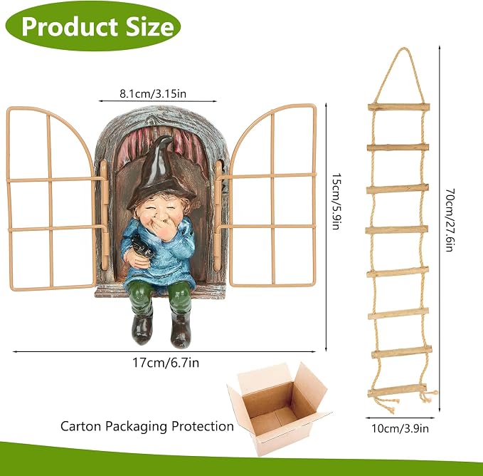 Garden Gnomes Decoration Outdoor Tree Faces Decor with Hanging Ladder for Yard, Elf Out The Door Tree Hugger Figurine Resin Garden Sculpture Ornament Whimsical Gnome Decor for Patio Yard Lawn