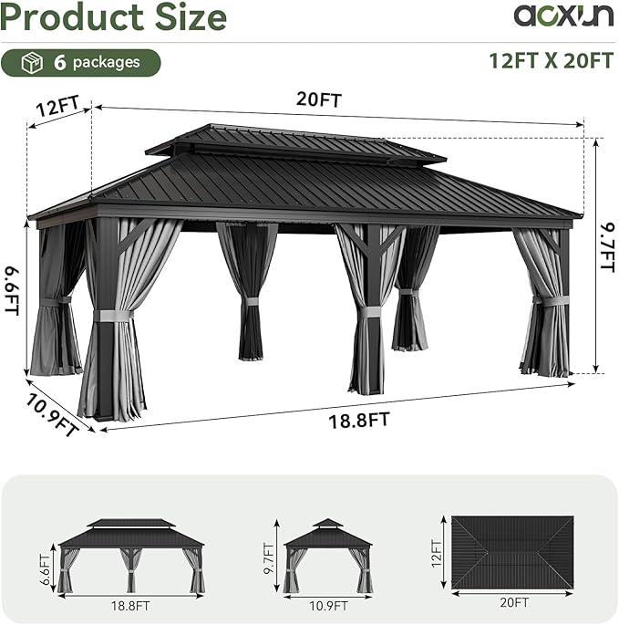 Aoxun 12' X 20' Hardtop Gazebo, Aluminum Outdoor Gazebo with Drainage System, Permanent Metal Pavilion with Privacy Curtain and Netting, for Poolside, Backyard