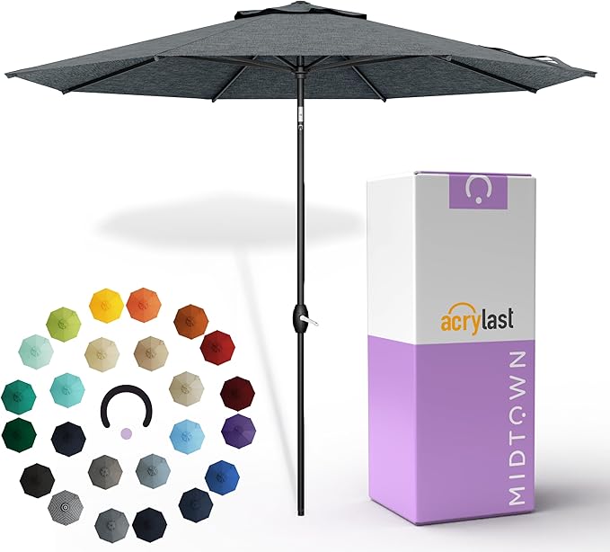 Midtown Umbrellas – The Lean 9 Ft Patio Umbrella with 10-Year-No-Fade Acrylast Acrylic Fabric, Auto-Tilt and 8 Reinforced Ribs for Deck, Pool, Garden, Hotel & Cafes – Stonecast Grey Canopy, Black Pole