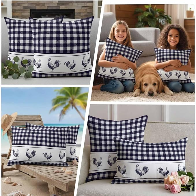 Outdoor Waterproof Throw Pillow Covers Set of 2 Chicken Cock Rooster Pillowcases 18x18 Inches Farmhouse Animal Purple Buffalo Plaid Decorative Pillows Cushion Case Patio Pillows for Couch Bed Chair