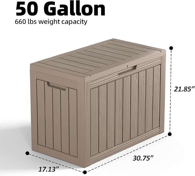 50 GallonOutdoor Storage Box,Resin Deck Boxes Waterproof, IndoorOutdoor Bin for Package Delivery, Patio Cushions, Gardening Tools, Lockable, UV Resistant