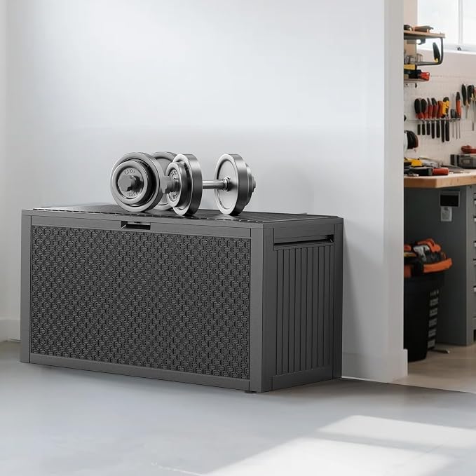90 Gallon Large Outdoor Storage Box, Black Maze-Pattern Resin Deck Box with Wheels & Side Handles, Lockable Waterproof UV-Resistant Patio Storage Container for Tools, Cushions, Toys, Garden Accessorie
