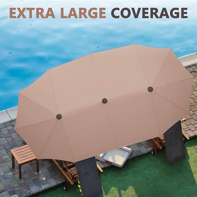 13Ft Large Patio Umbrella Outdoor Double-Sided Market Umbrella w/Easy Crank for Yard, Poolside, Deck, Khaki