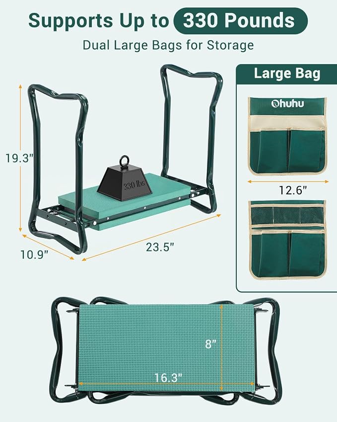 Ohuhu Garden Kneeler and Seat Heavy Duty, Upgraded Gardening Stool with Thicker Wider EVA Foam Kneeling Pad Foldable Garden Bench with 2 Large Tools Pouches, Gardening Gifts for Women Mom Men Seniors