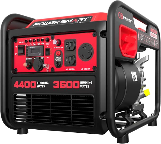 PowerSmart 4400W Open Frame Inverter Generator, Gas Powered, CO-Sensor, Lightweight & Quiet for Home Use and Emergency Backup, Camping, EPA Compliant