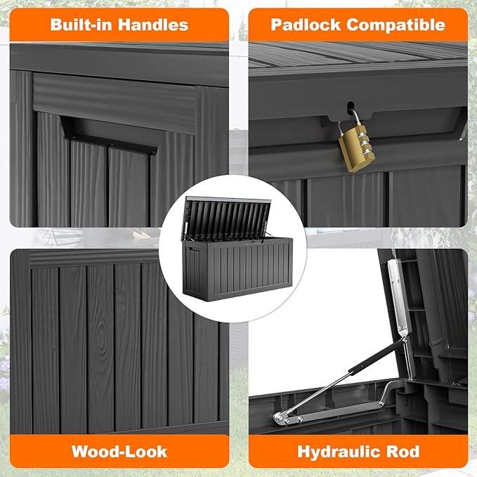 PatioZen 90 Gallon Resin Deck Box, Lockable Patio Outdoor Storage Box for Furniture, Garden Tools and Tools Storage, Waterproof Outside Storage Box - Black