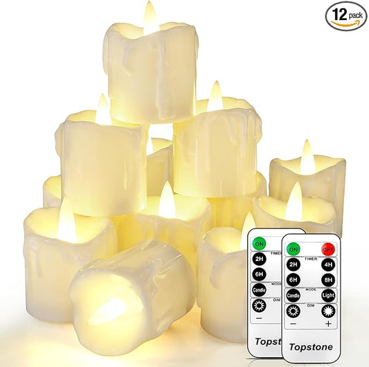 Topstone Flameless Candles 12 Pack with 2 Remotes Timer,Battery LED Tealights,Electric Candles,400H Long Lasting CR2450,Flickering or Steady Light,Dimmable for Home Decor Wedding Christmas