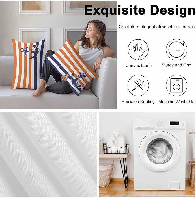 Lumbar Pillow Covers 20x12 Inch Set of 2, Anchor Orange Waterproof Outdoor Cushion Covers, Modern Navy Blue White Striped Nautical Decorative Pillowcases for Couch, Sofa, Bed, Garden, Patio