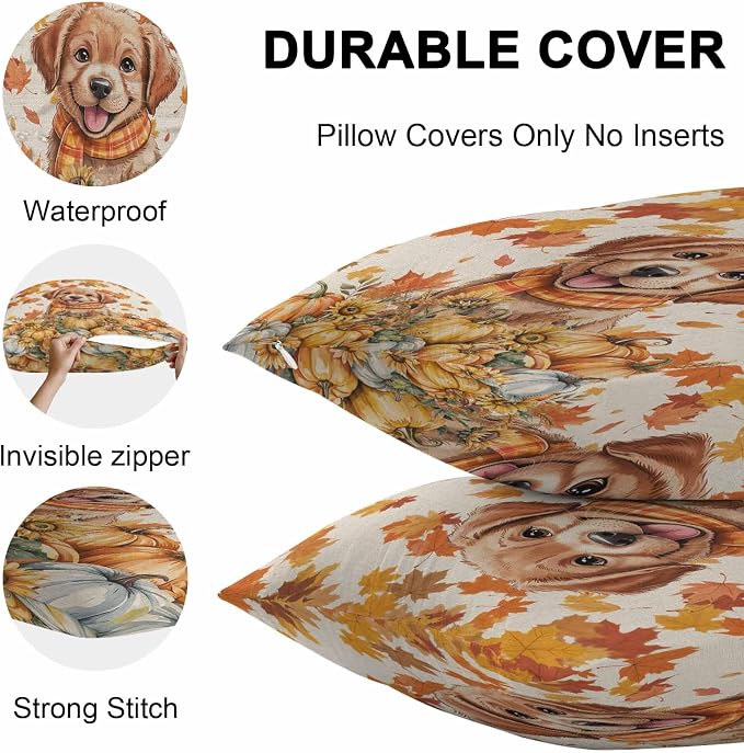 Orange Cute Dog Outdoor Waterproof Pillow Covers, Fall Pumpkins Maple Leaves Retro Pastoral Decorative Rectangle Throw Pillowcase Sofa Cushion Sham for Patio/Couch/Chair, 20"x12" 2 Pack