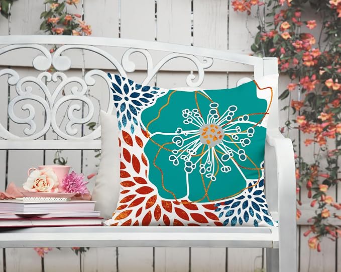 Teal Dahlia Flower Burst Outdoor Waterproof Pillow Covers 18x18 Decorative Abstract Floral Outdoor Throw Pillows Cushion Cases for Patio Furniture, Couch, Porch Set of 2