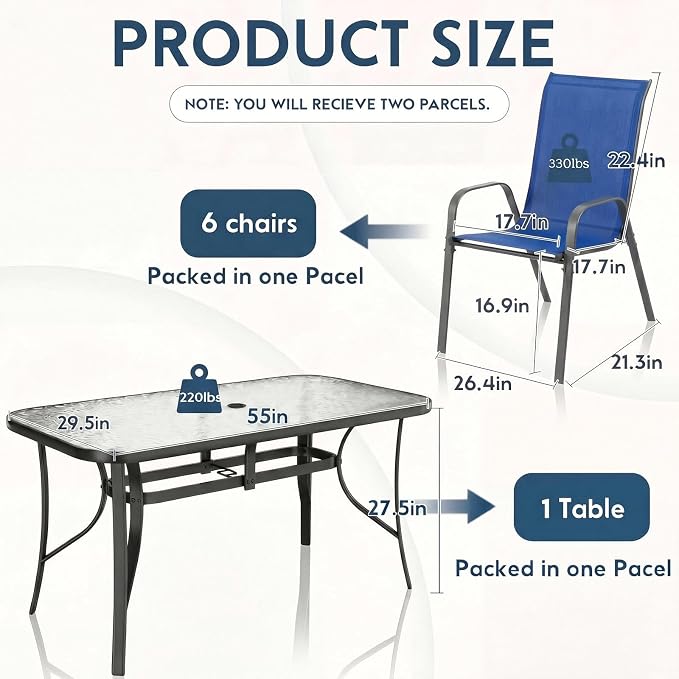 Arlopu 7-Piece Outdoor Table and Chairs for 6, Outdoor Dining Set W/Rectangle Glass Table and 6 Patio Textilene Stackable Chairs, Patio Furniture Set W/Umbrella Hole (Grey Table & Navy Blue Chair)