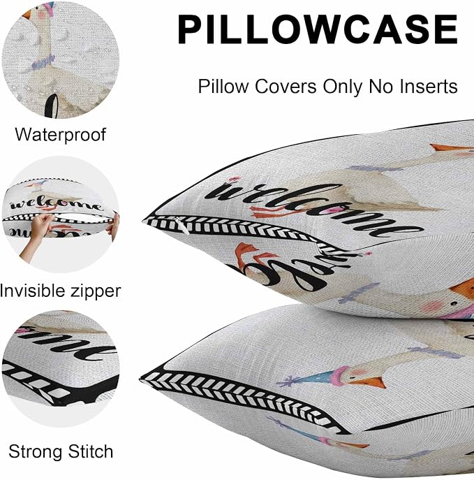 Welcome Duck Outdoor Pillow Covers 16x16 Inch Throw Pillow Covers Set of 2 Waterproof Decorative Pillow Cases Funny Animal Duck in Flim Flowers Black Gray Cushion Covers for Patio Furniture Garden